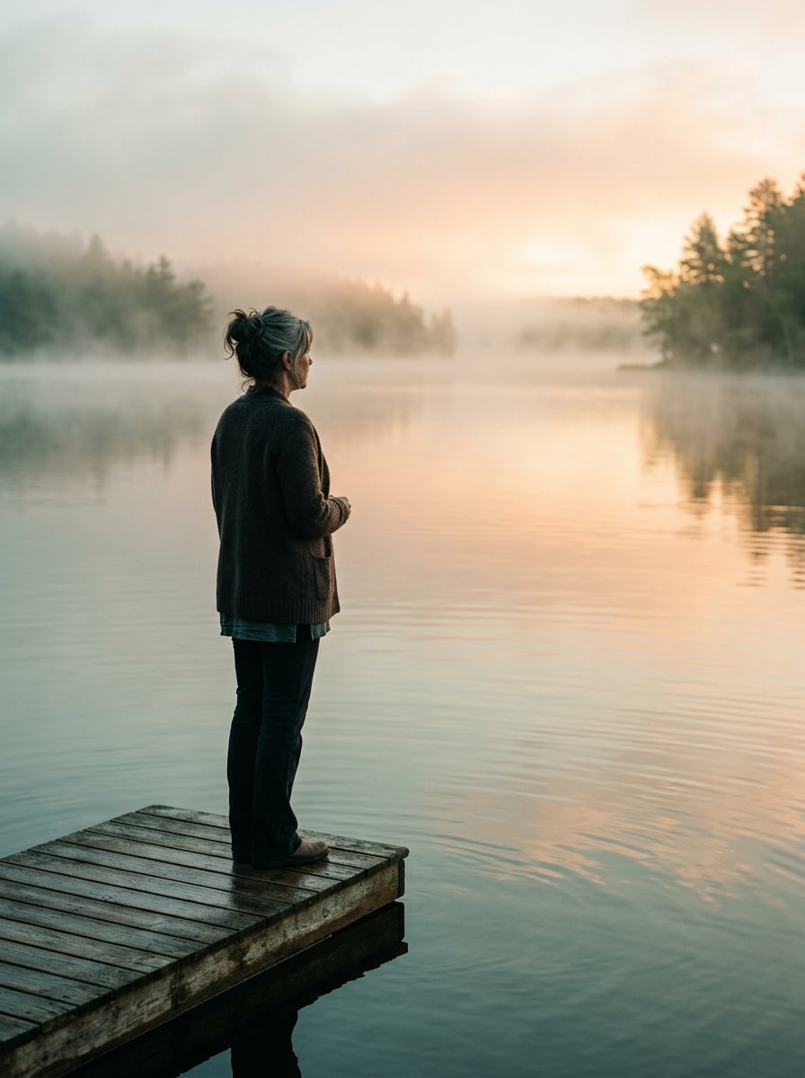Persona contemplando el agua al amanecer