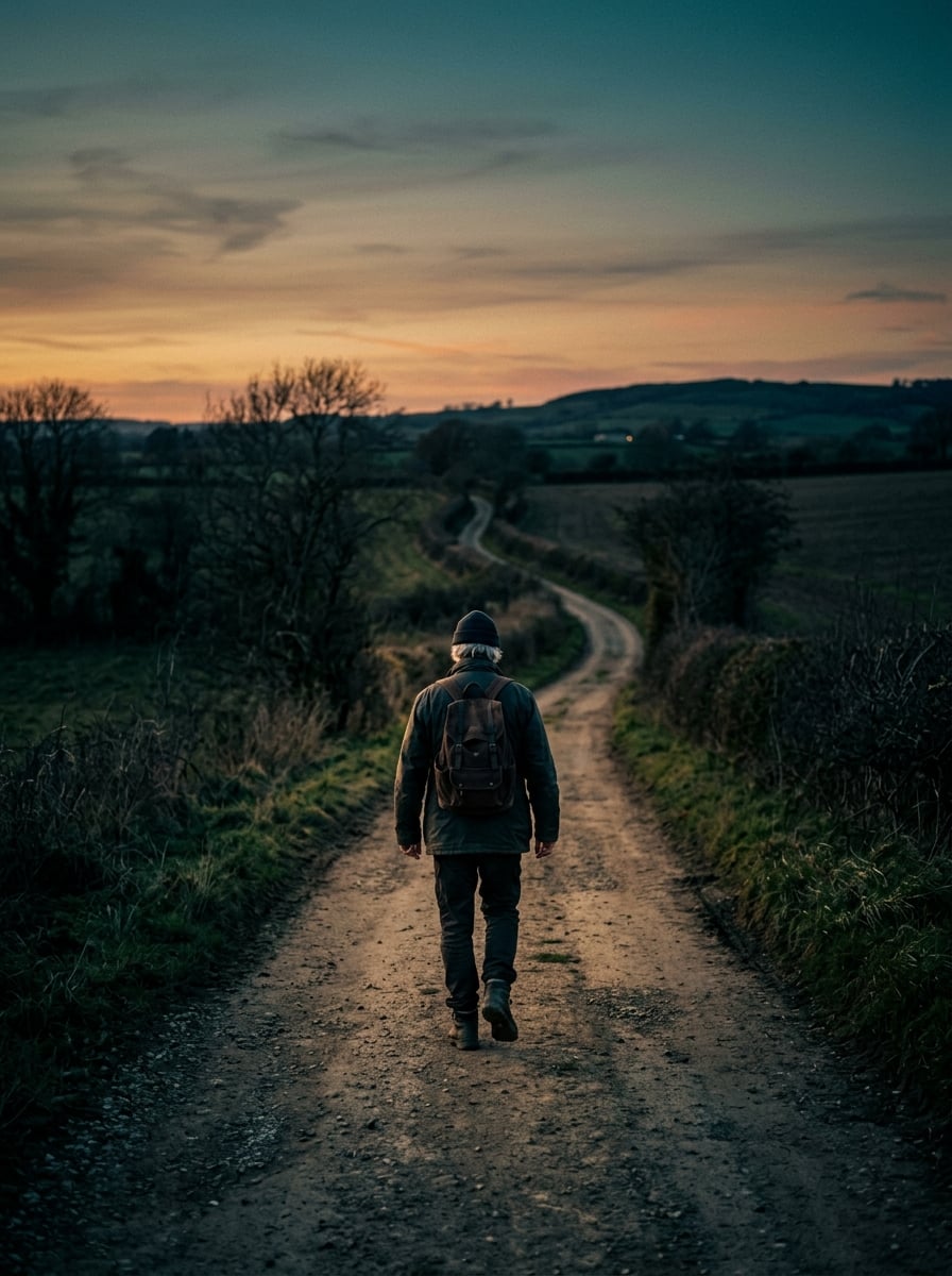 Figura alejándose por un camino al atardecer